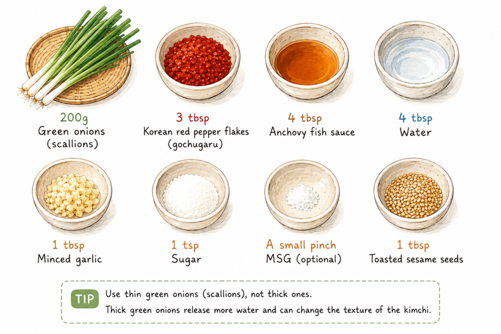 Illustrated Pa Kimchi ingredients with green onions, Korean chili flakes, garlic, fish sauce, and sesame seeds.