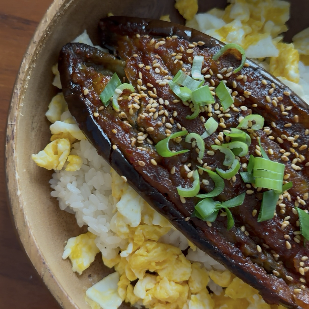 Unagi-style eggplant rice bowl served over steamed rice
