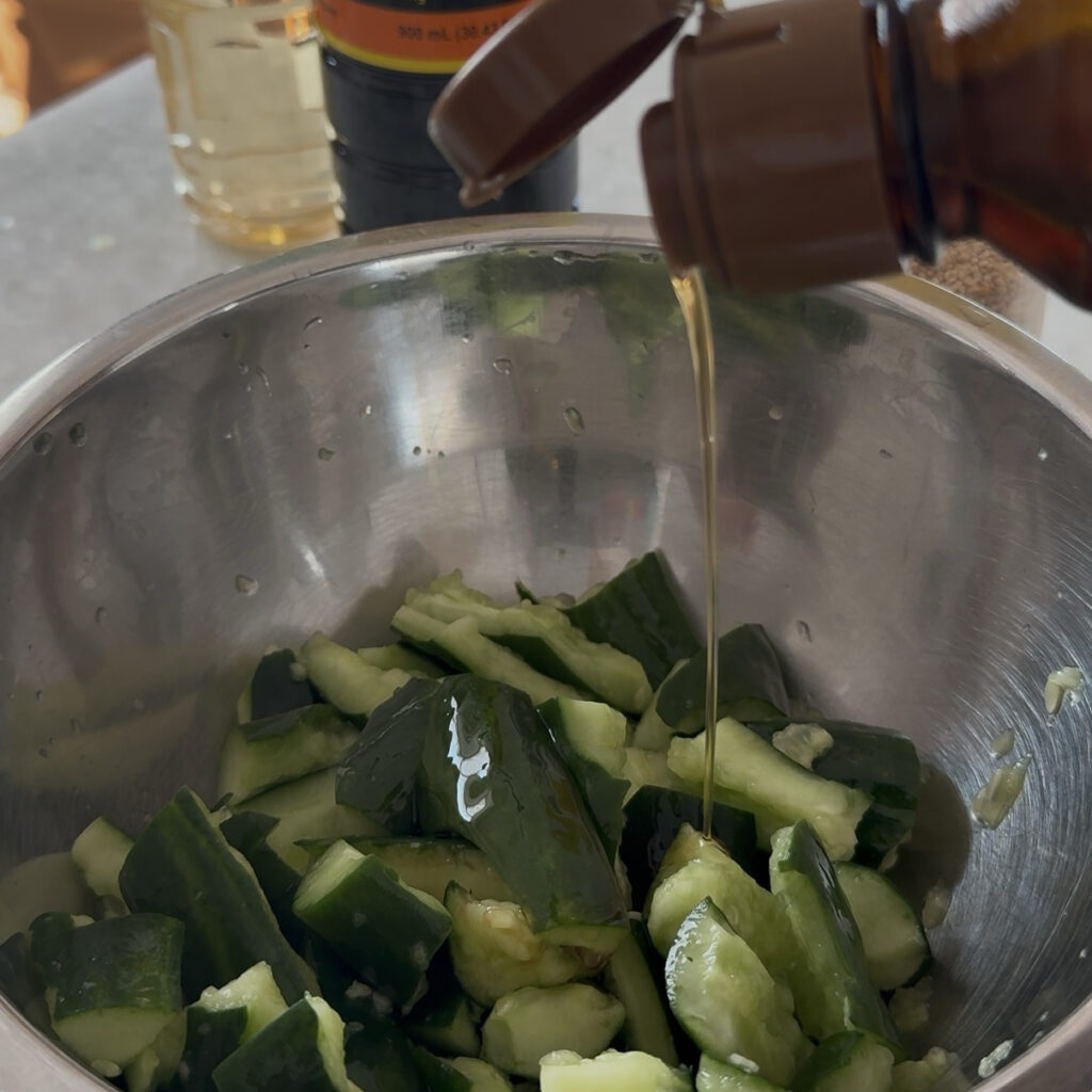 Smashed Cucumber Salad Adding sesame oil to Korean smashed cucumber salad dressing