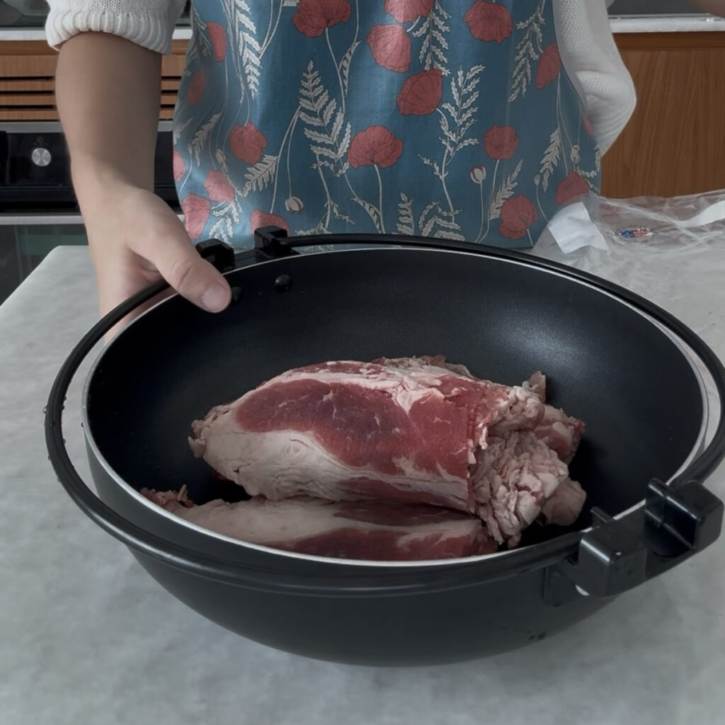 Thinly sliced beef brisket in a po