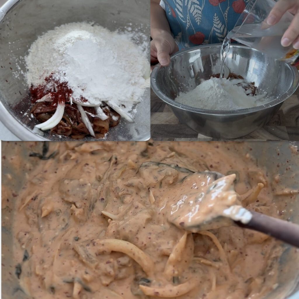 Making kimchi pancake batter with sour kimchi, onion, and pancake mix