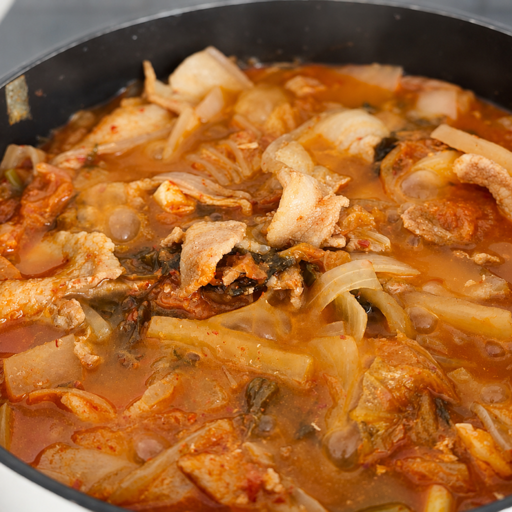 Homemade Kimchi Jjigae with pork and well-fermented kimchi