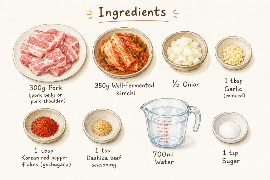 Ingredients for Kimchi Jjigae with pork, kimchi, onion, garlic, and gochugaru