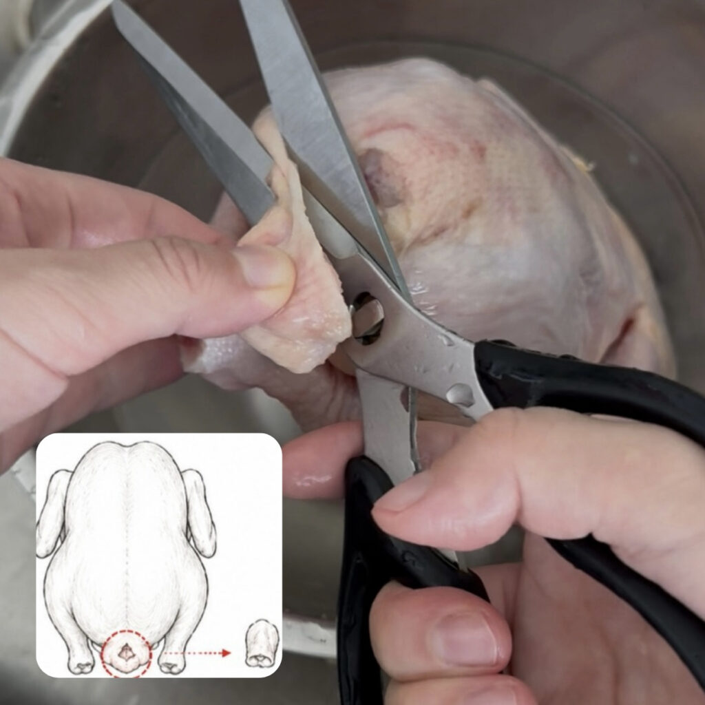 Cutting off the tail (parson’s nose) from a whole chicken.
