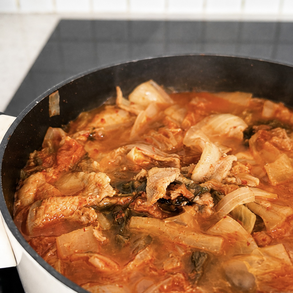 Overhead view of homemade pork Kimchi Jjigae