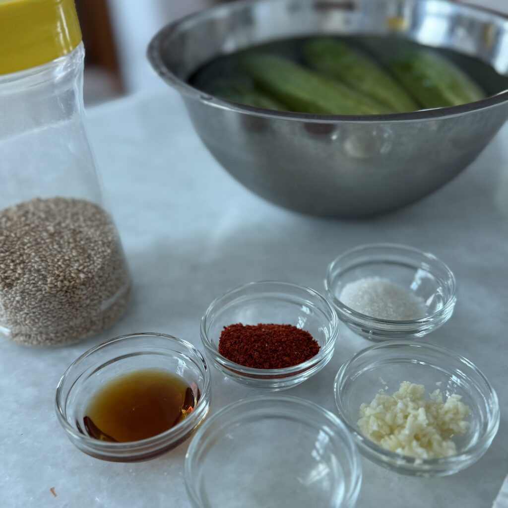 Ingredients for Korean cucumber salad (Oi Muchim)