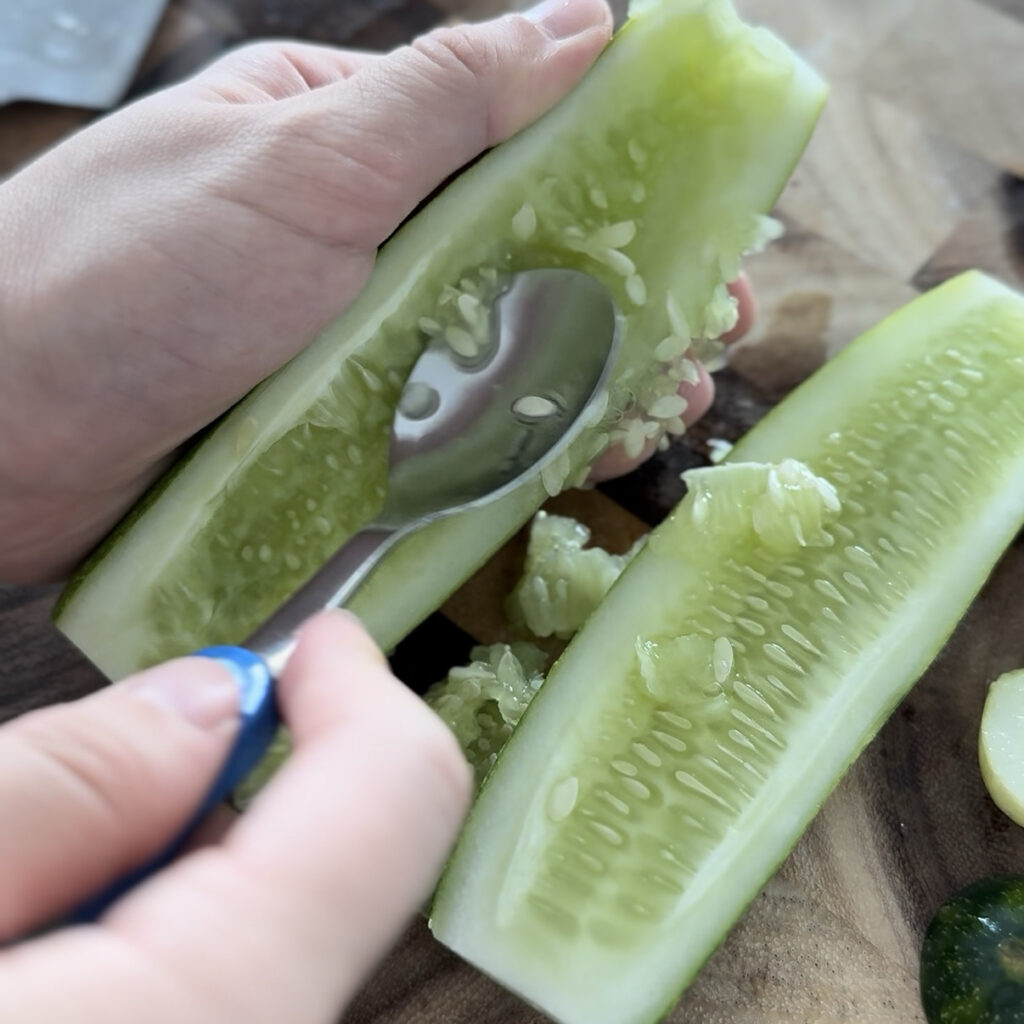 Removing cucumber seeds for a crunchier salad