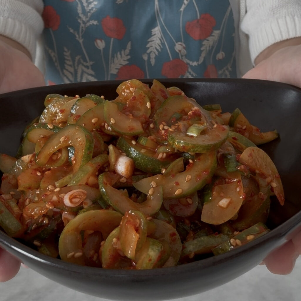 Homemade Korean cucumber salad ready to serve