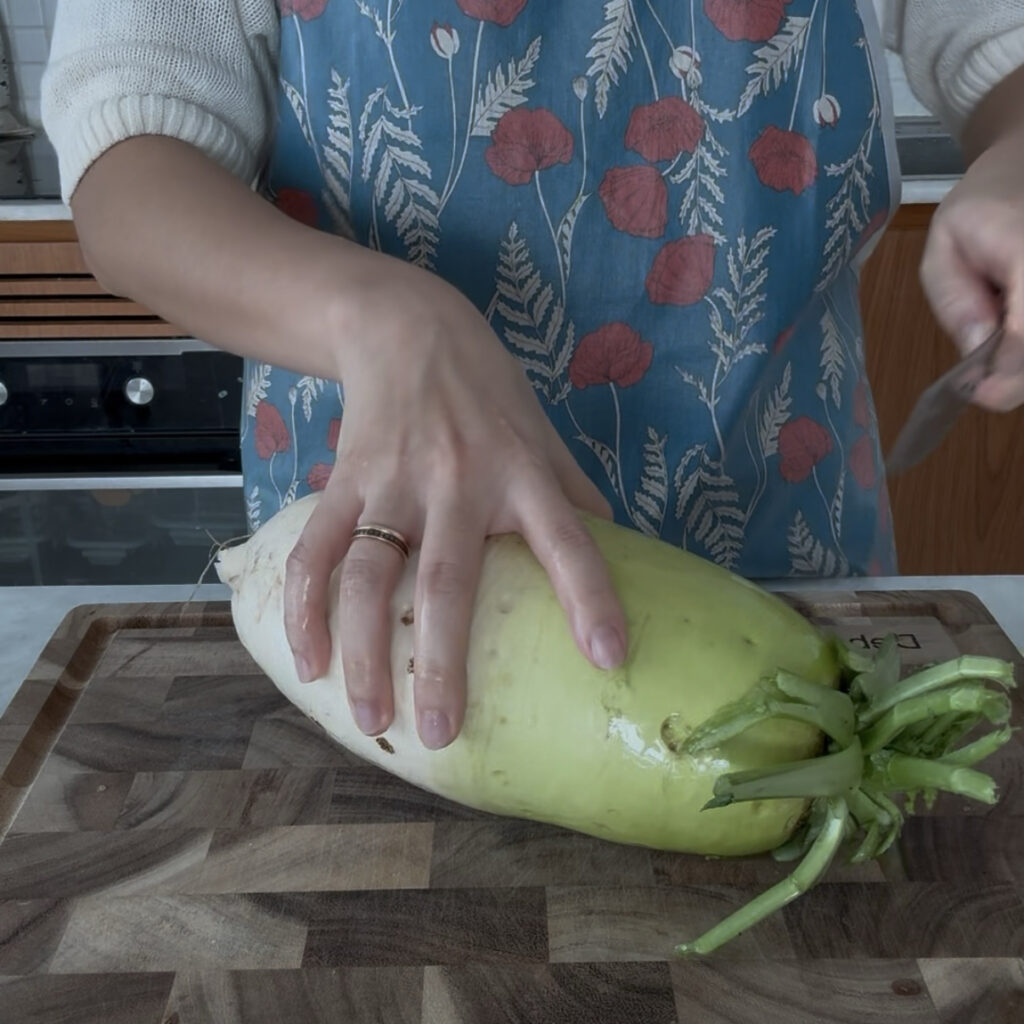 Fresh daikon radish used to make Korean pickled radish.