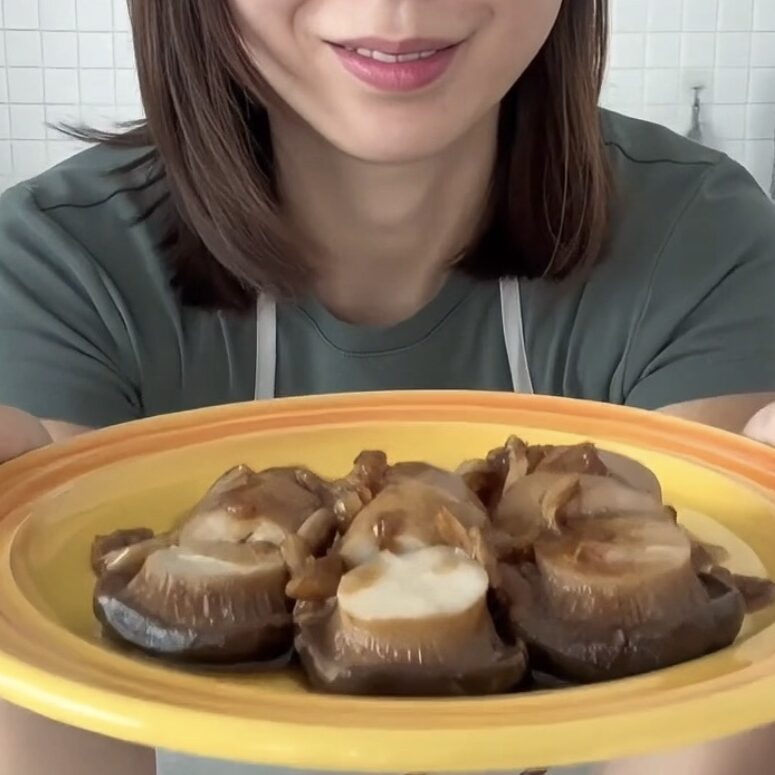 Close-up of Korean braised king oyster mushrooms with savory soy sauce