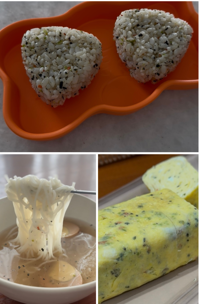 Homemade veggie furikake served with rice, eggs, noodles, and rice balls