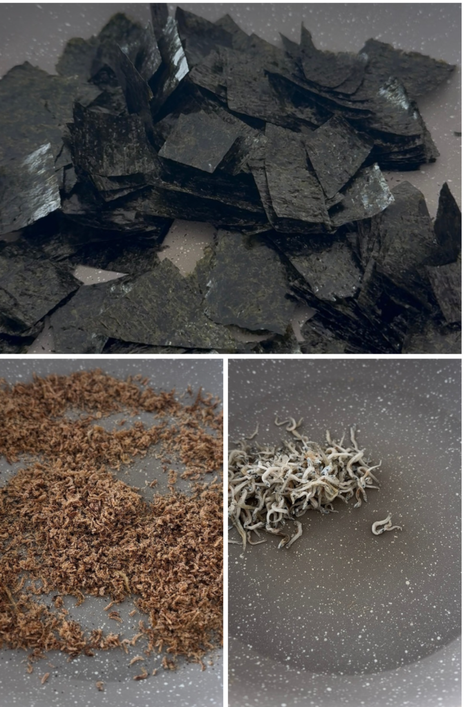 Dried shrimp, anchovies, and seaweed being toasted separately