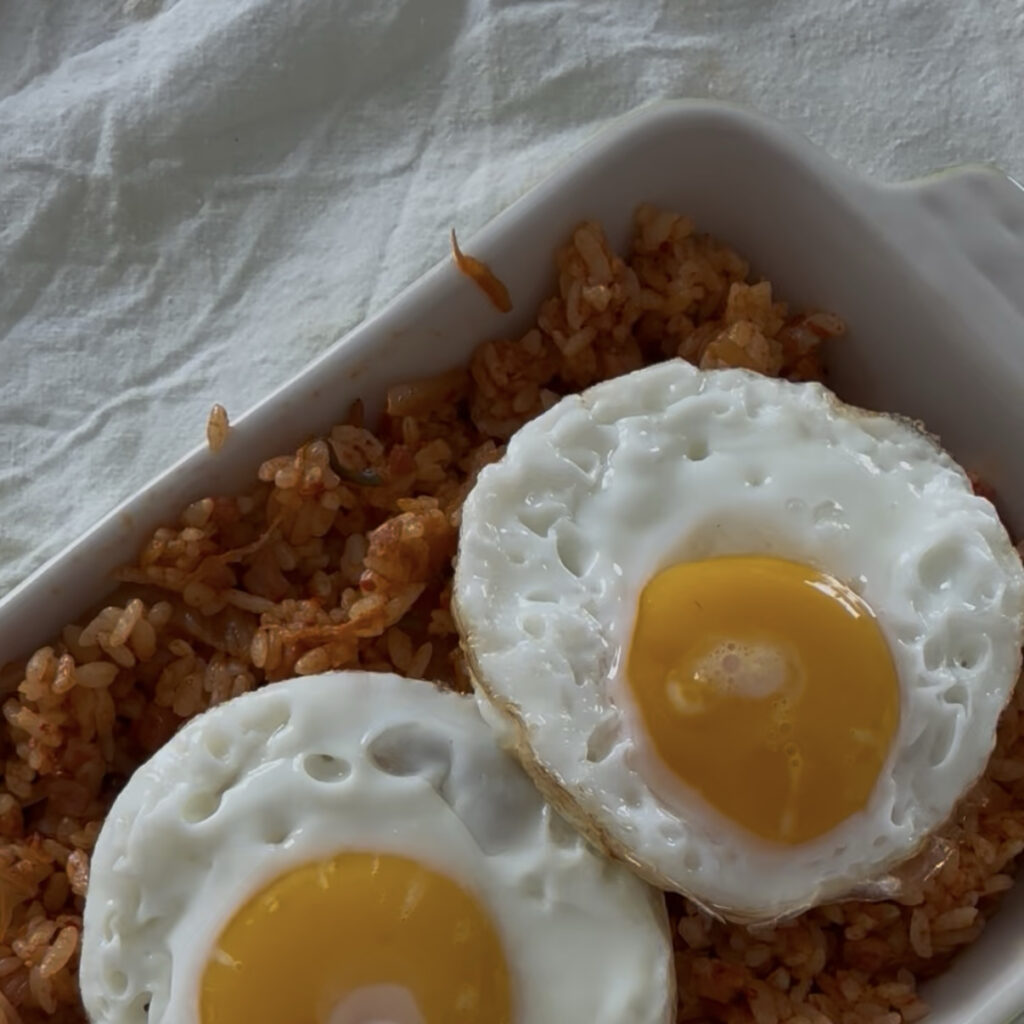 Spam kimchi fried rice topped with a fried egg