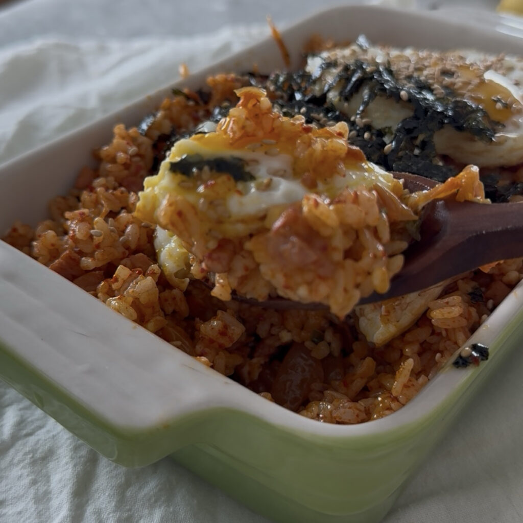 Korean Spam kimchi fried rice with a runny fried egg and roasted seaweed