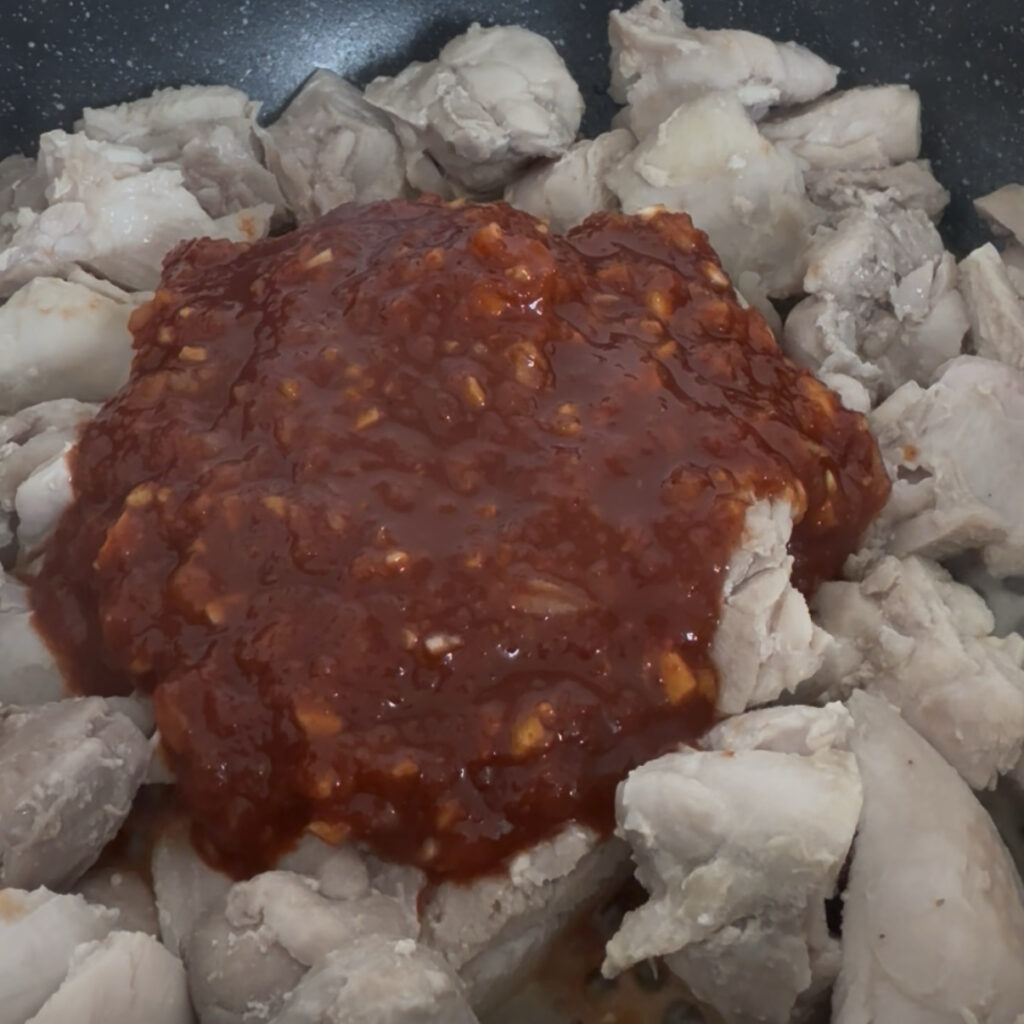 Homemade gochujang-based sauce for Korean spicy chicken stew.