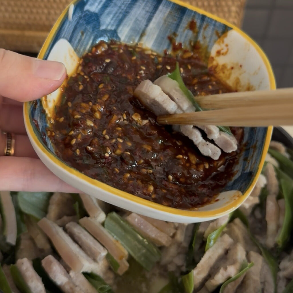 Homemade Korean ssamjang served with green onion pork