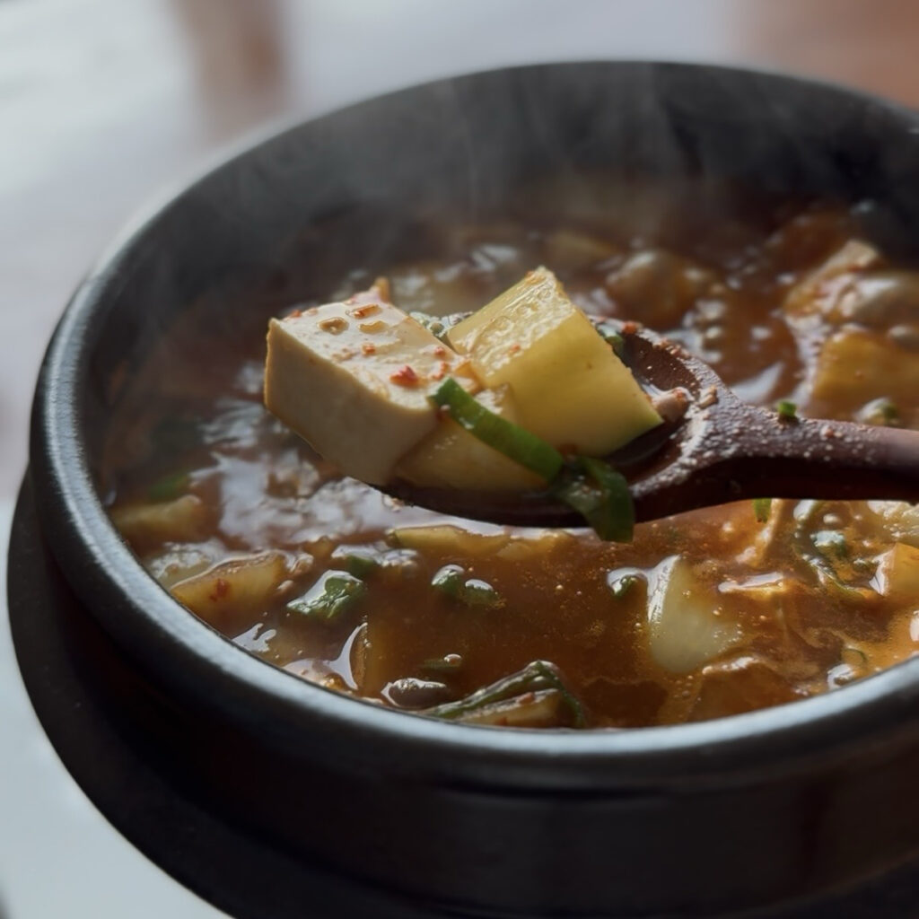 Korean BBQ-style doenjang jjigae with tofu and vegetables