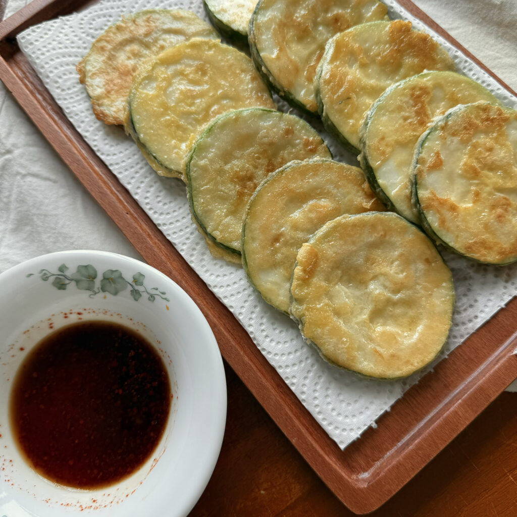 Easy Korean zucchini pancakes with soy dipping sauce
