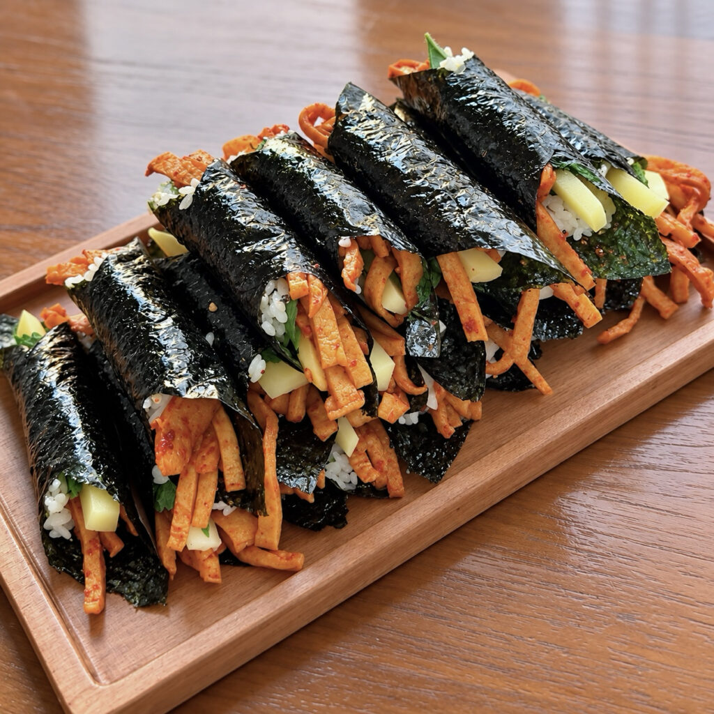 Homemade Korean fish cake gimbap filled with spicy fish cake, perilla leaves, and pickled radish