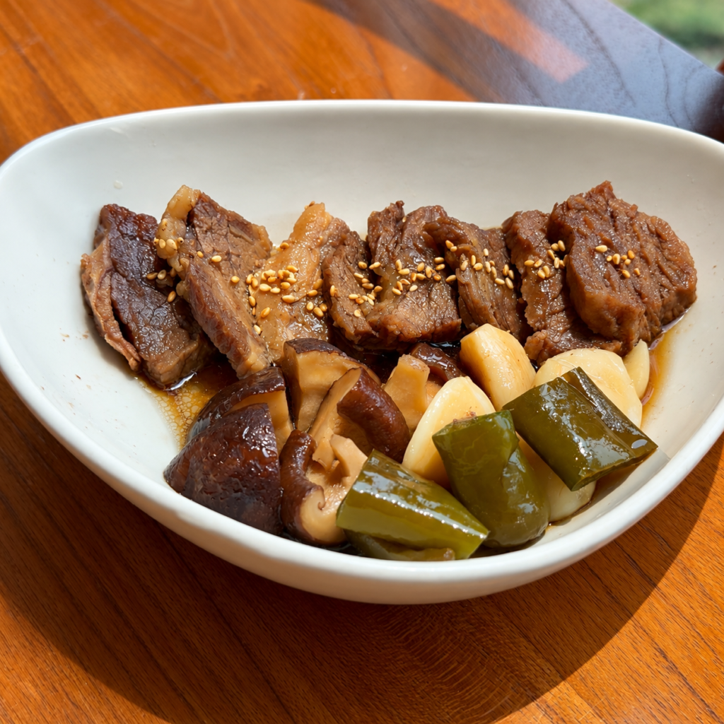 Korean Beef Jangjorim with mushrooms and chili peppers