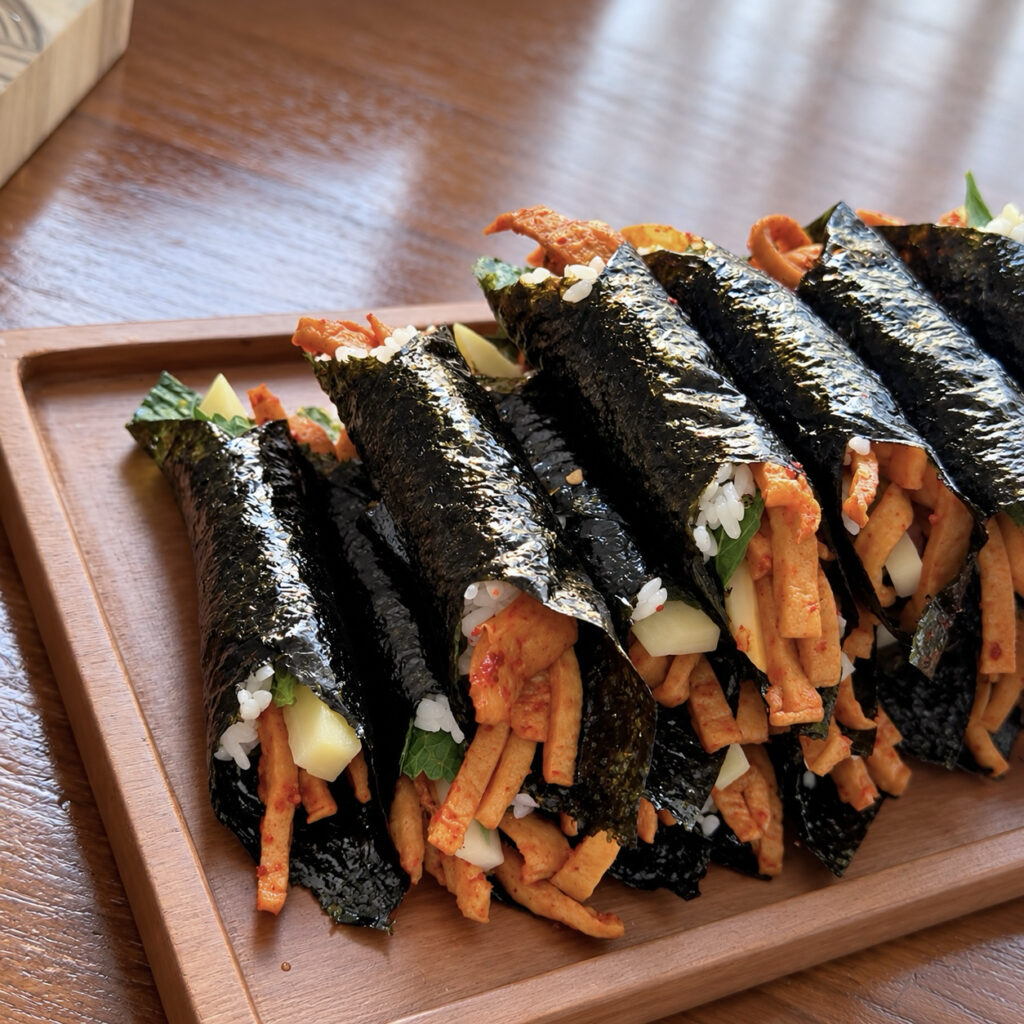 Homemade spicy fish cake mini gimbap ready to serve