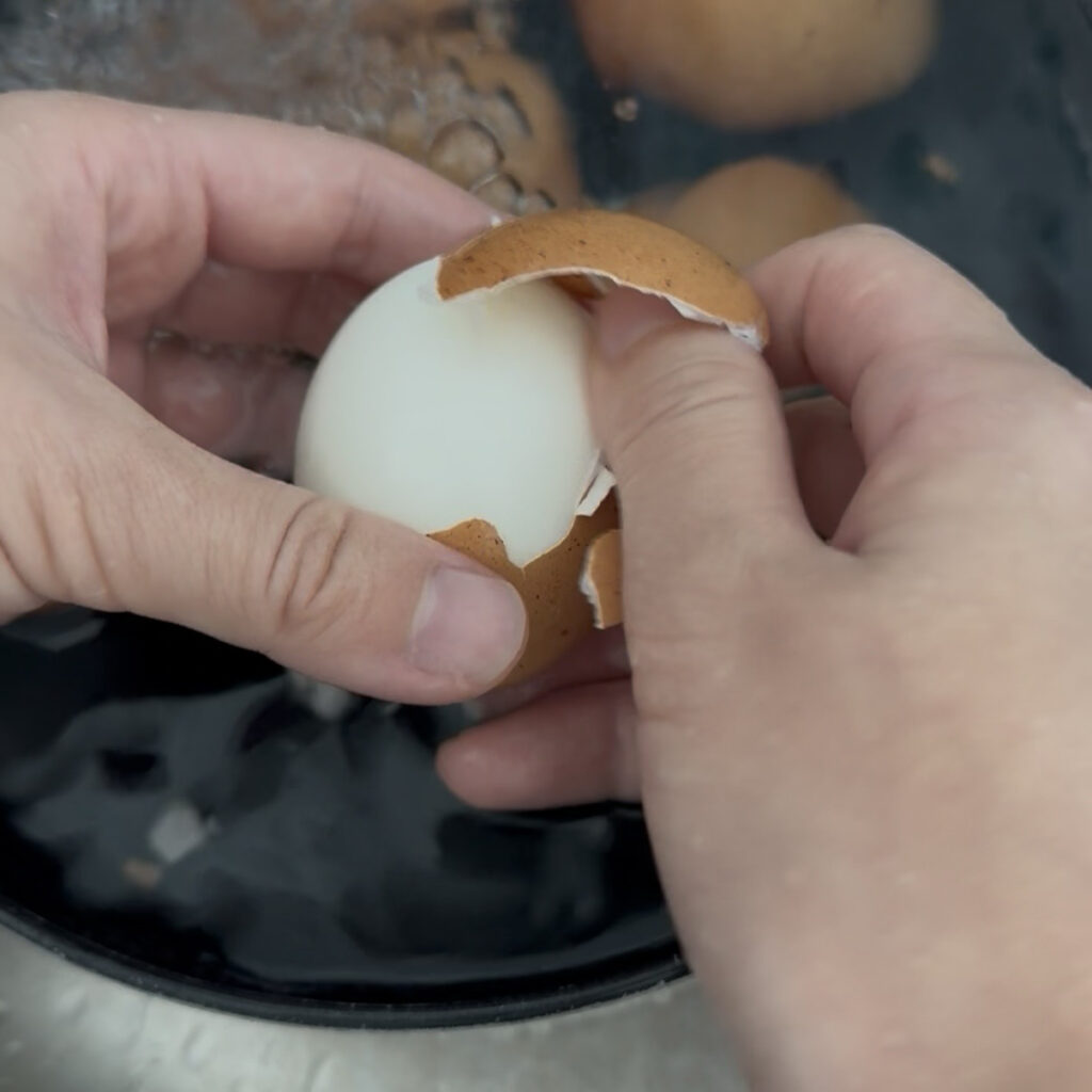 Boiled eggs prepared for Korean soy marinade