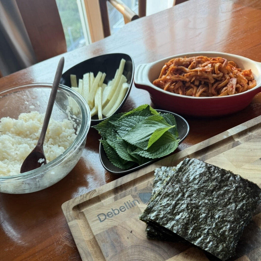 Ingredients ready for making spicy Korean fish cake gimbap